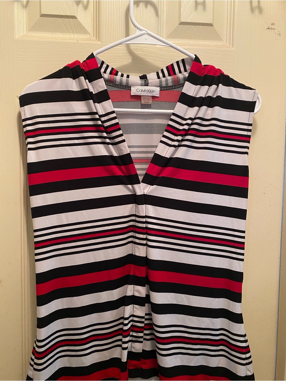 Calvin Klein Black, White & Red Striped V-Neck Dress